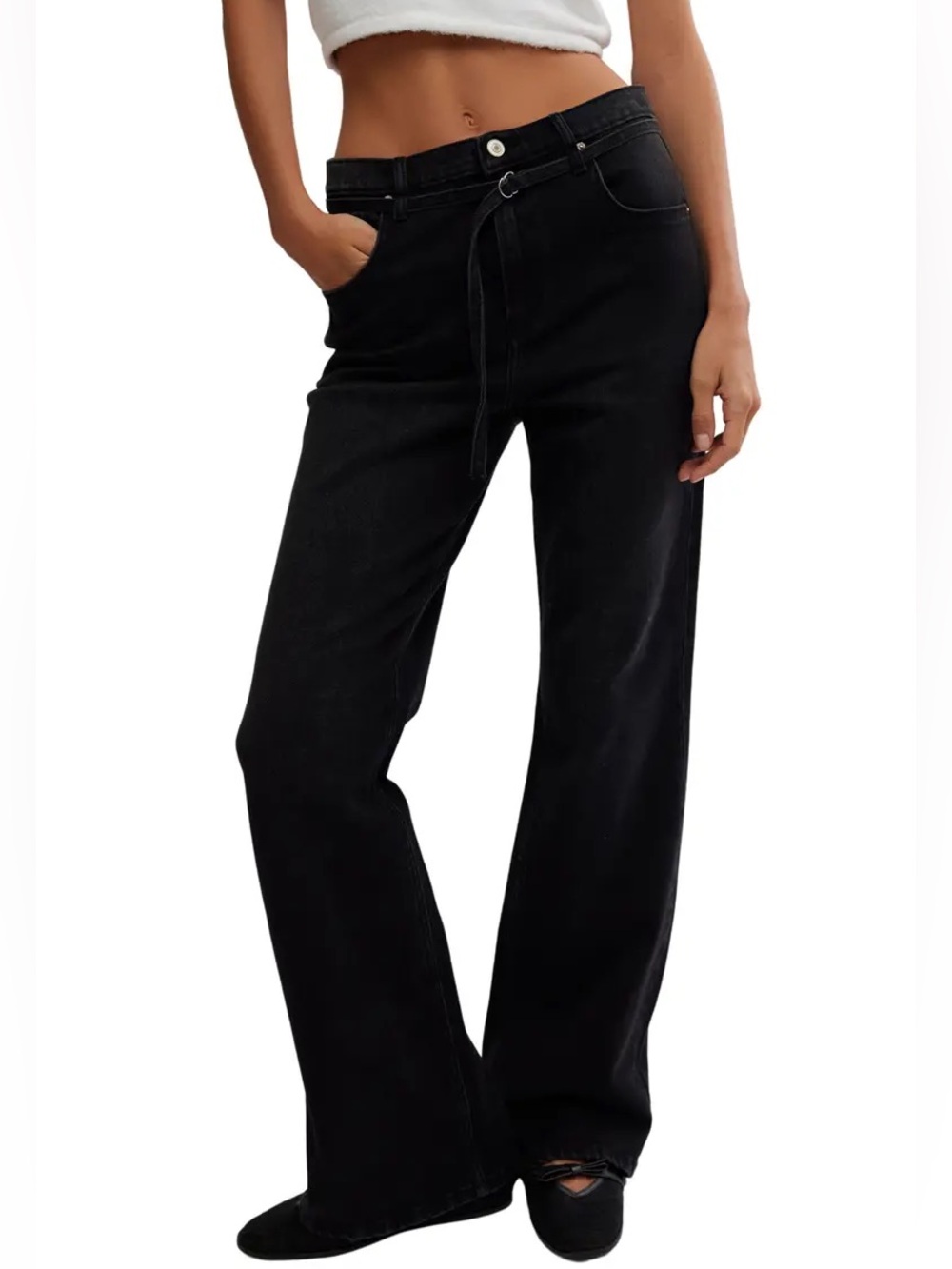 Free‎ People We The Free Sabine Belted Bootcut Jeans Black Women’s 24 NWT
